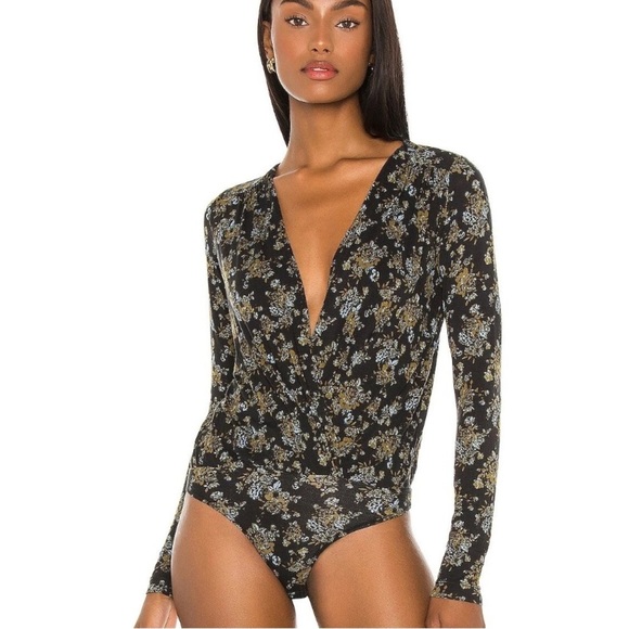 Intimately Free People Bodysuit Sz M Thong Deep V Crossover Floral Black - Picture 1 of 10